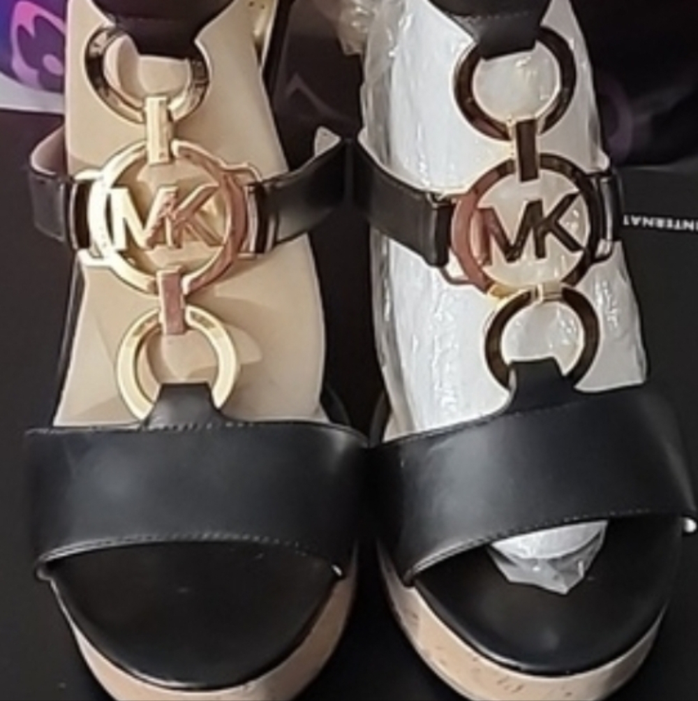 Michael Kors Black Leather Platform Sandals with Gold MK Medallions